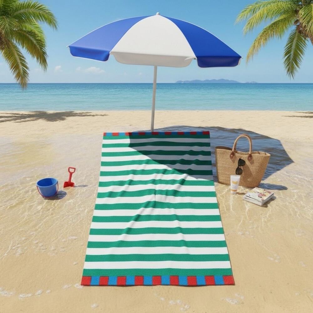 Sun Squad Striped Beach Towel Green/White 32in X 62in 100% Cotton